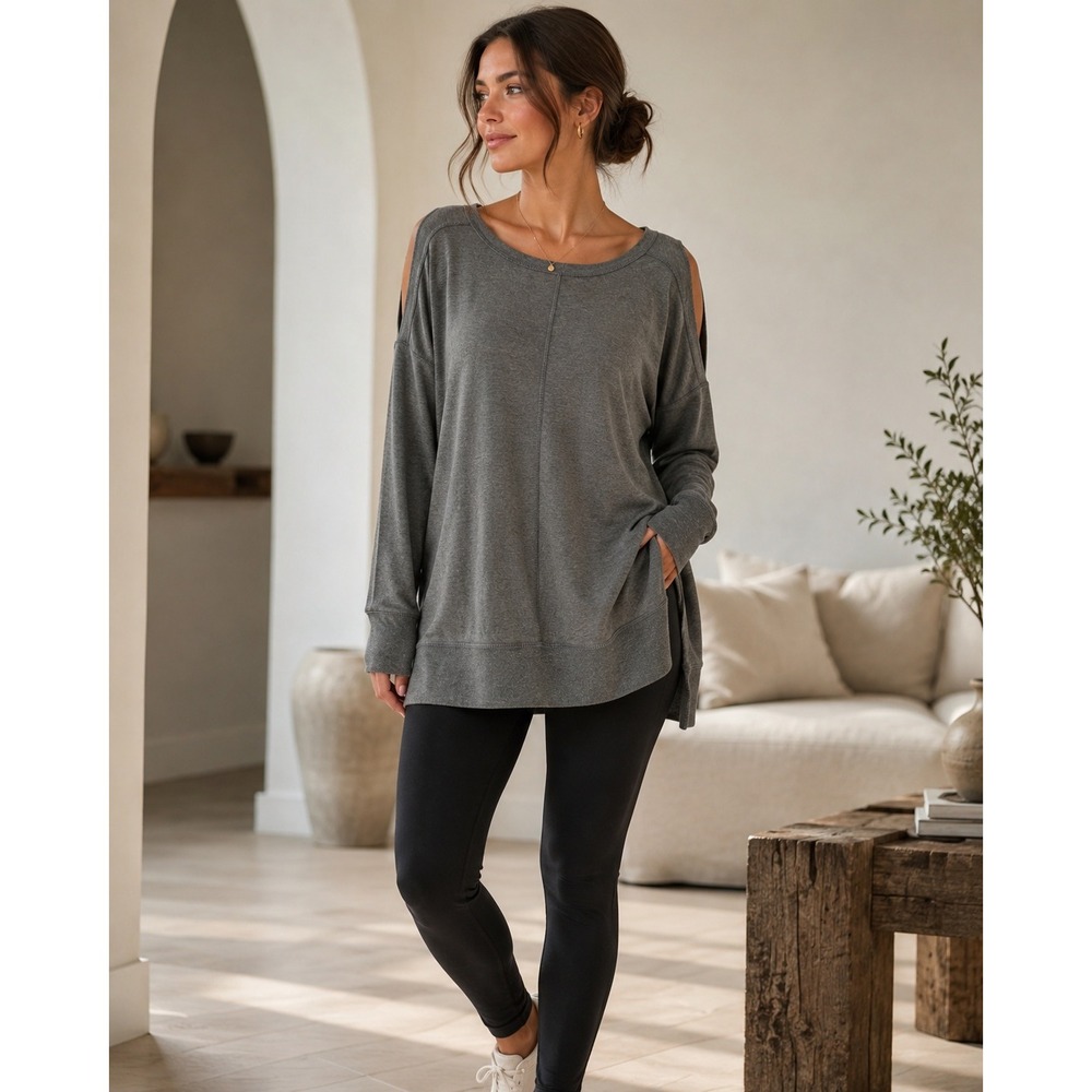 Bongo Gray Oversized Rayon Blend Pullover Top XL Cold Shoulder Loungewear